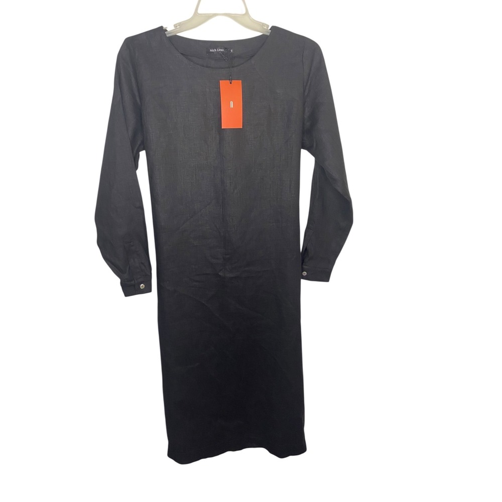 Nich Linen Black 100% Linen Handmade Tie Back Long Sleeve Maxi Dress XL Ukraine